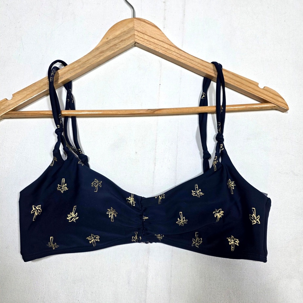Aerie Bikini Top Womens Medium Navy Blue Gold Palm Tree Foil Print Swimwear
